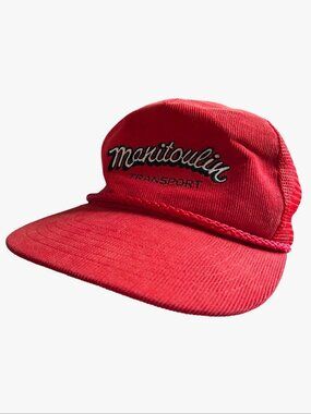 Vintage Manitoulin Transport Trucker Hat Red Corduroy Brim Mesh Snapback Rope Ca